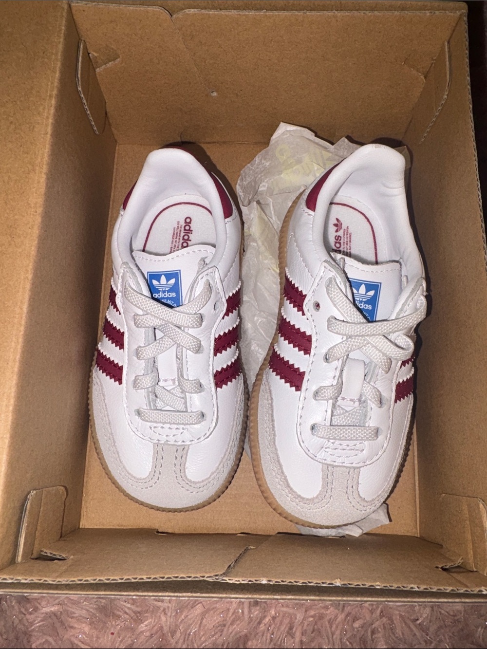 adidas Kids White Sneakers with Maroon Stripes and Gum Sole size 5c